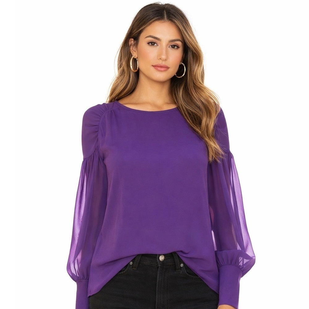 VERONIQUE LEROY Paris Purple‎ Silk Blend Sheer Long Sleeve Blouse 36 (Small)